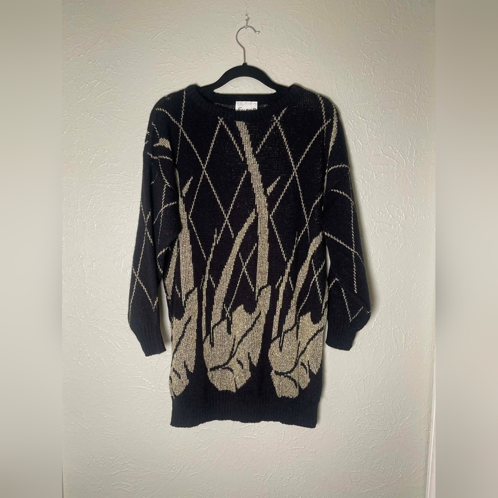 Vintage Ellen-D Collection Abstract Knit Sweater Dress Tunic Black Gold USA